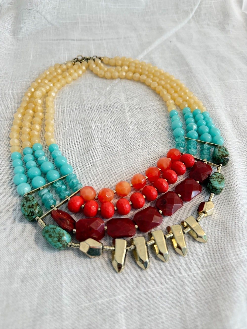 Anthropology Multistrand Beaded Statement Necklace in Coral, Turquoise & Cream